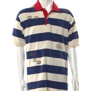 Gucci Blue and Cream Striped Polo with Red Collar